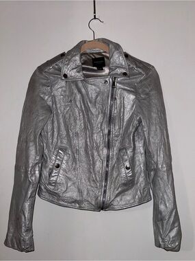 Marciano Metallic Silver Leather Moto Jacket